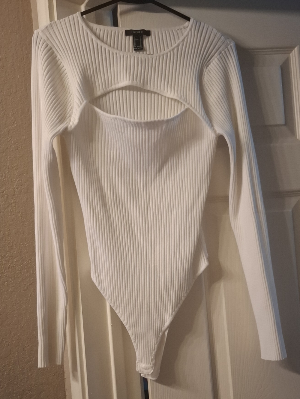 Forever 21 White Ribbed Long-Sleeve Cutout Bodysuit